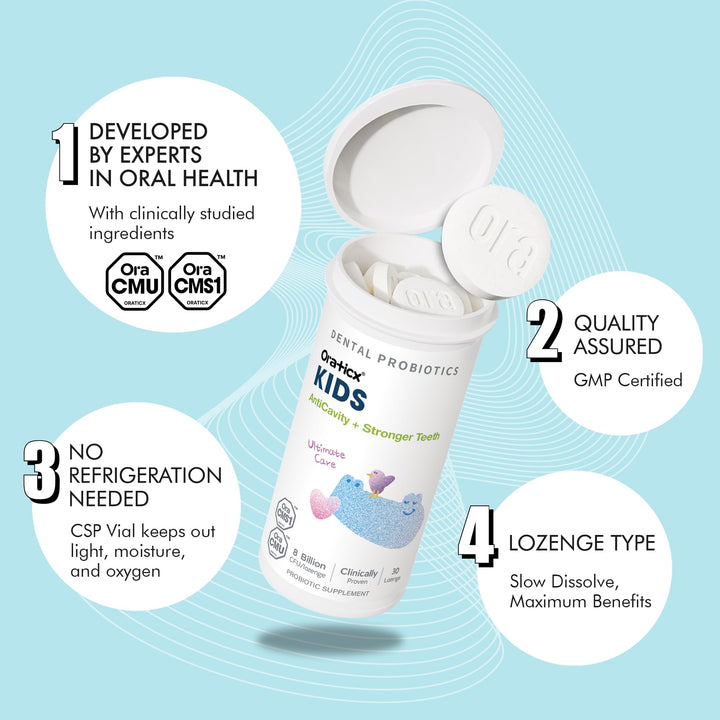 Child-friendly packaging encourages a positive dental routine with OraTicx probiotics.