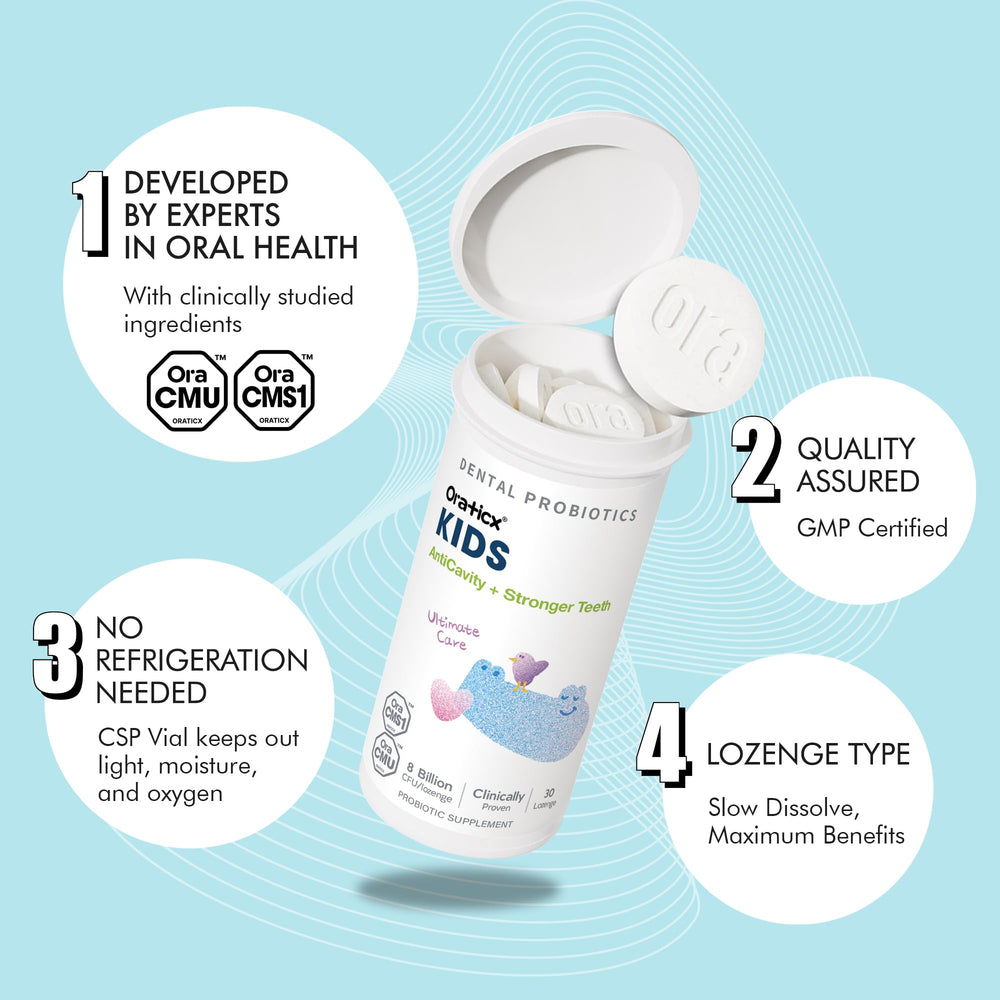 Child-friendly packaging encourages a positive dental routine with OraTicx probiotics.