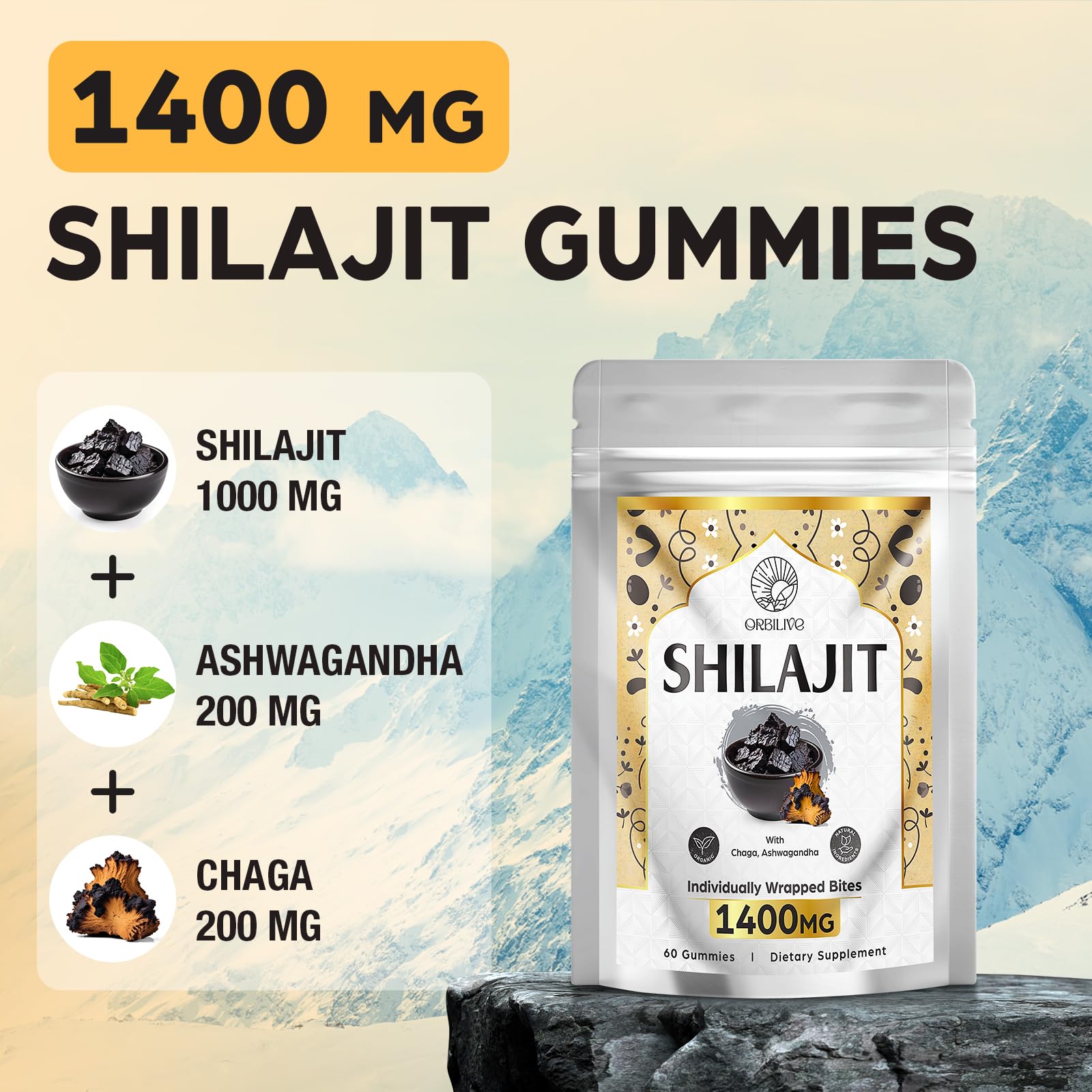 ORBILIVE Gummies with Ashwagandha and Chaga blend for energy-supporting wellness.