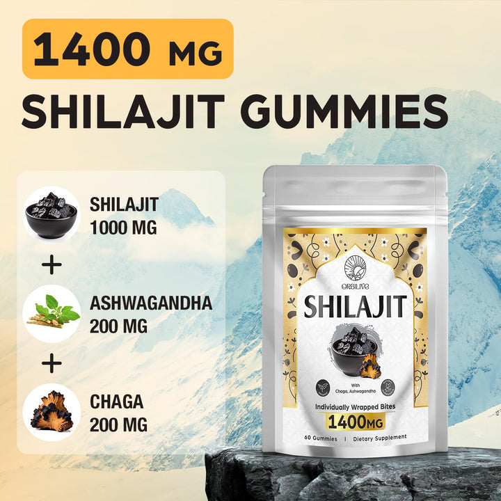 ORBILIVE Gummies with Ashwagandha and Chaga blend for energy-supporting wellness.