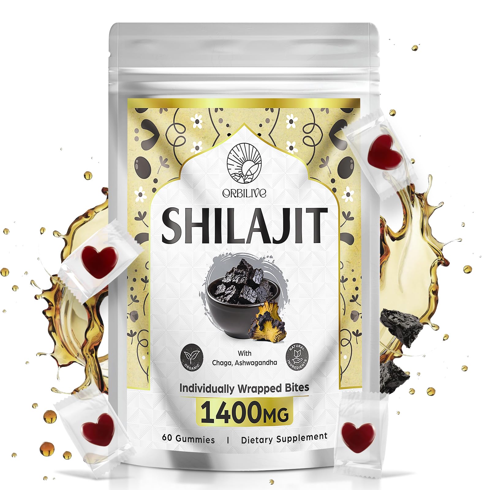ORBILIVE Shilajit Gummies bottle close-up showing pure Himalayan resin for sustained energy.