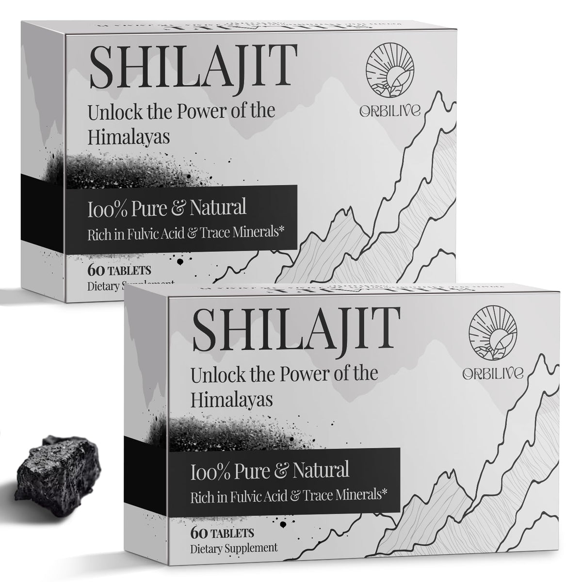 Orbilive Shilajit tablets 1000 mg bottle close up, convenient daily energy support
