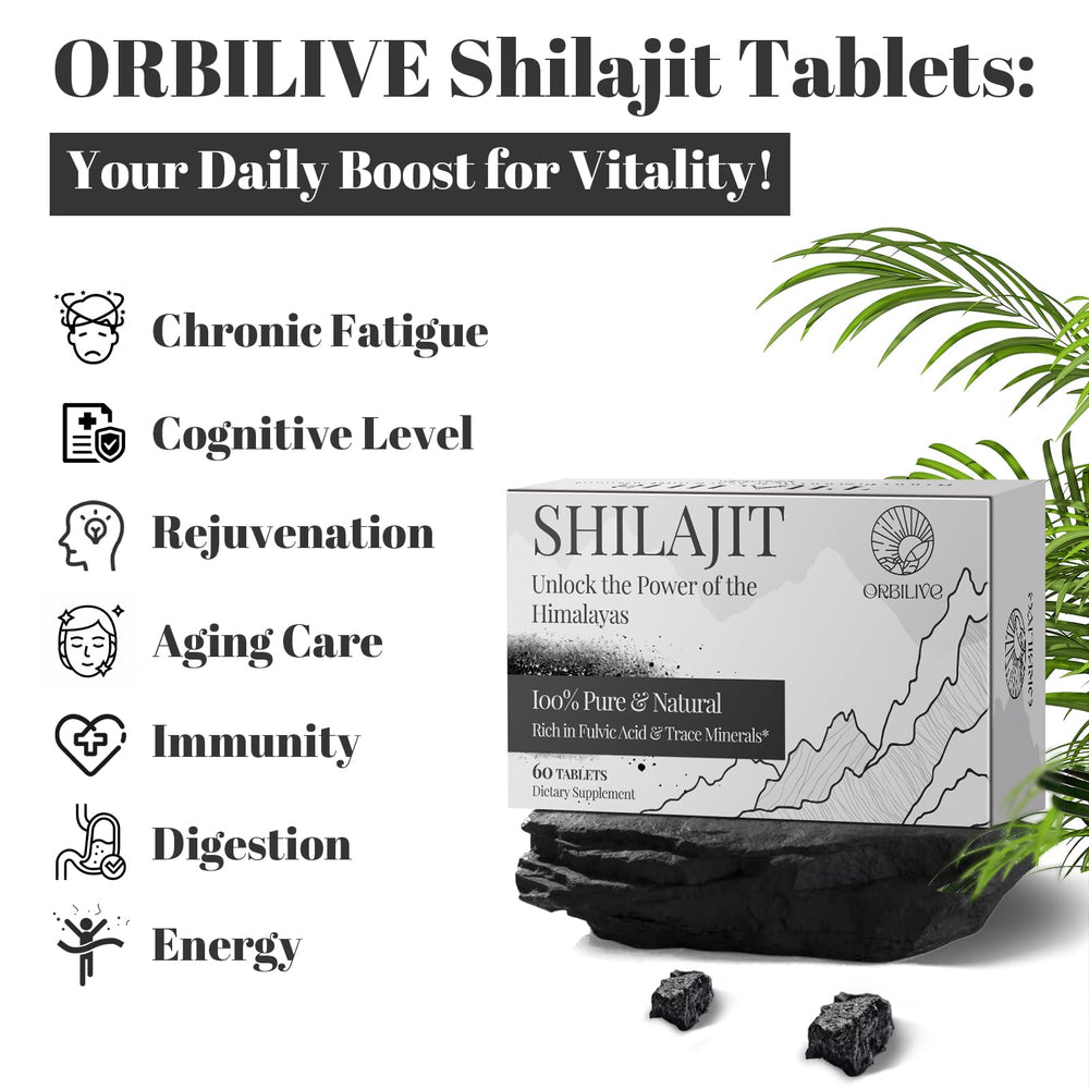 Orbilive Shilajit tablets 1000 mg on shelf, gluten free and GMO free packaging