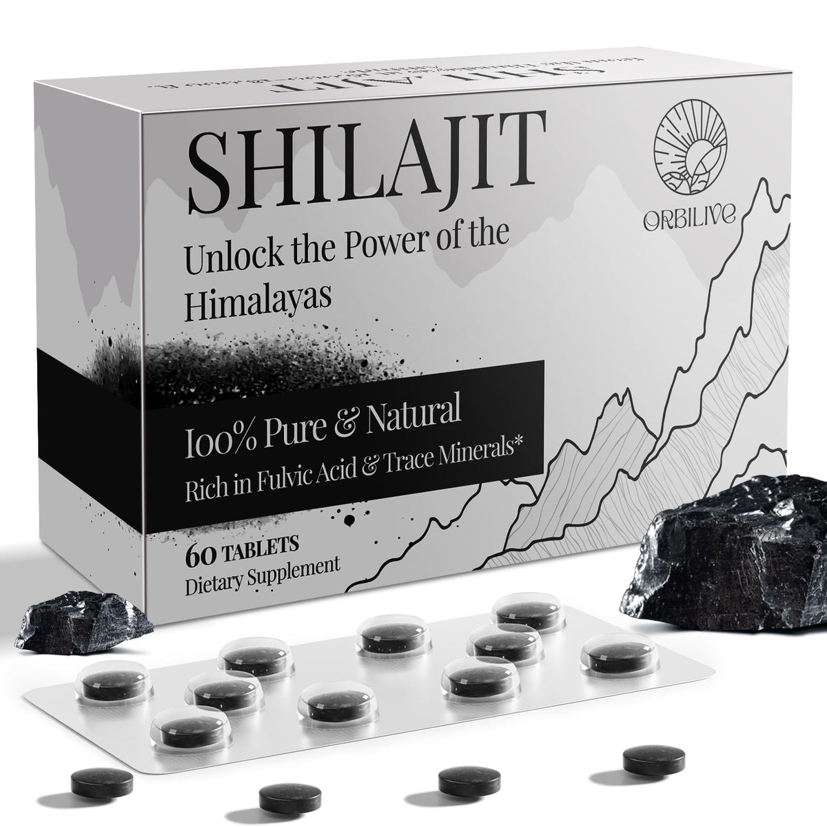 ORBILIVE Shilajit tablets bottle front rich mineral formula for daily energy support