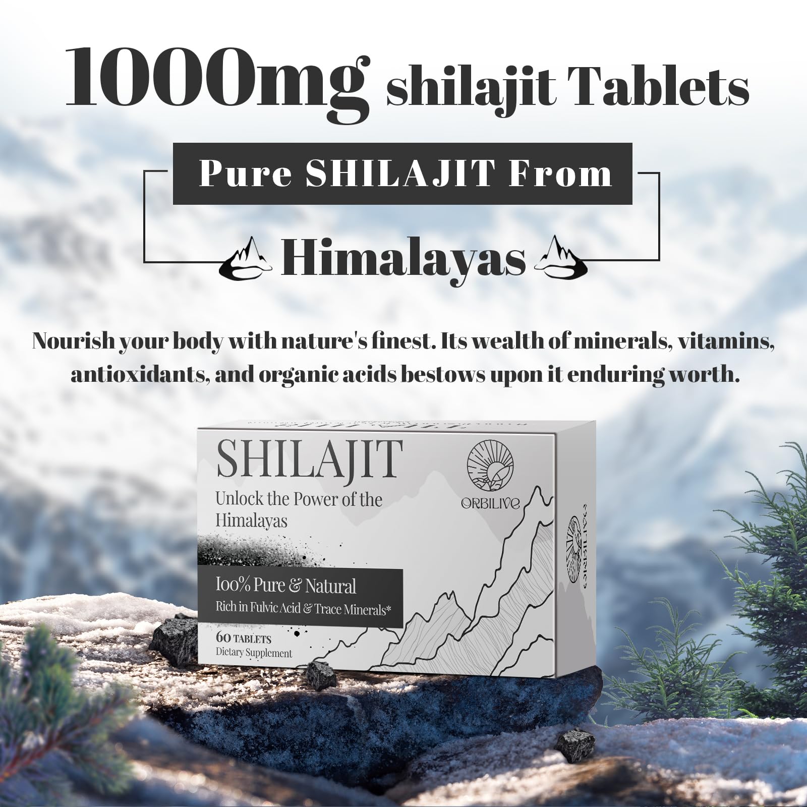 ORBILIVE Shilajit tablets close-up show pure mineral-rich formula.