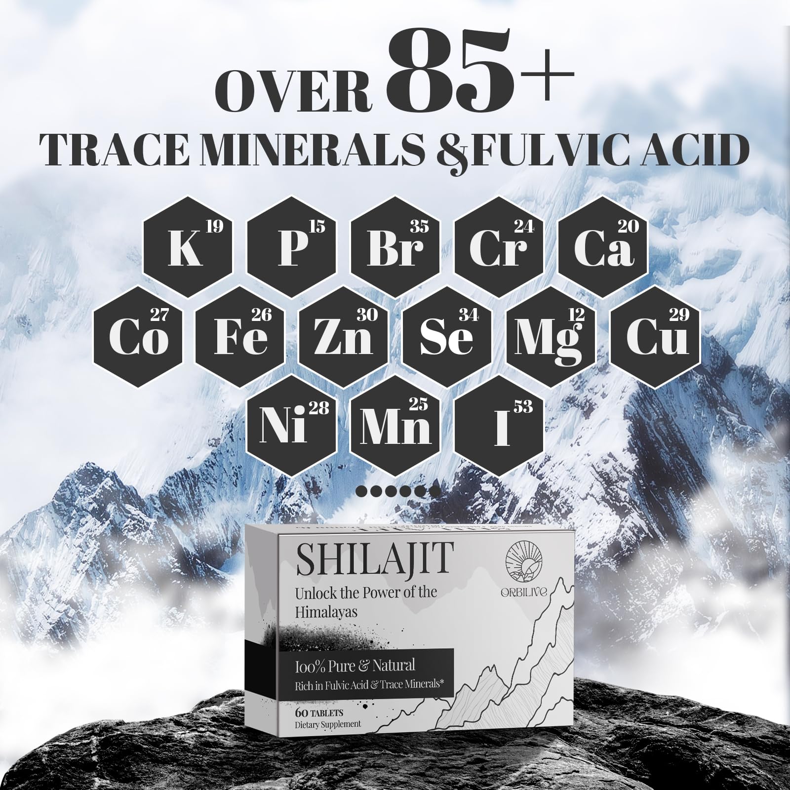 ORBILIVE Shilajit bottle with Himalayan mountains backdrop for pure sourcing