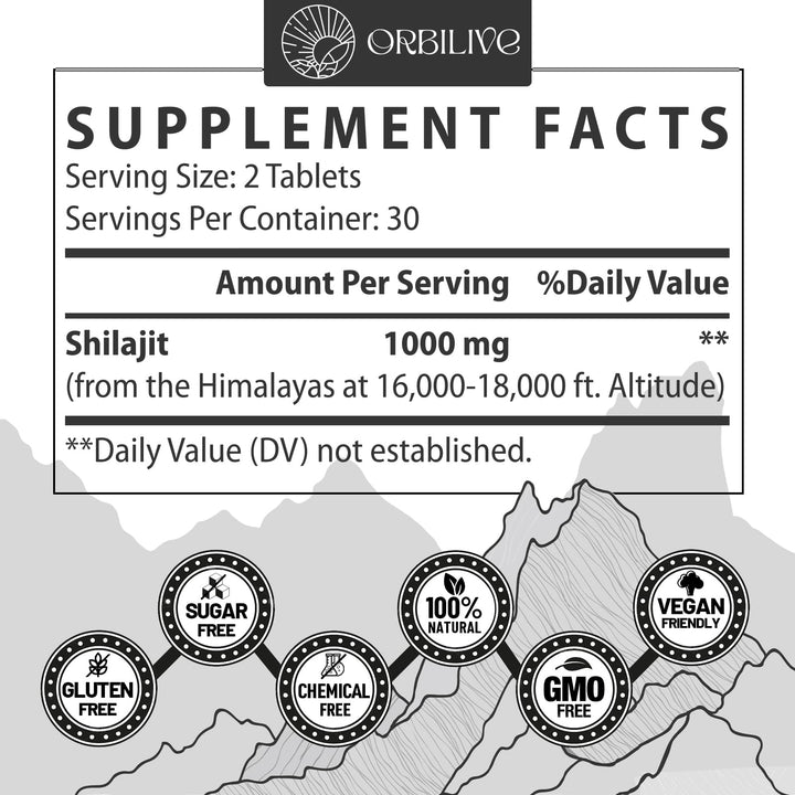 ORBILIVE Shilajit tablets packaging highlighting Himalayan organic origin.
