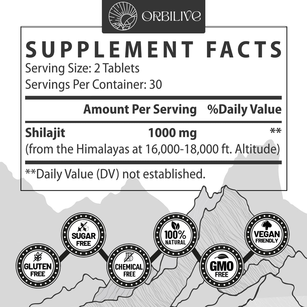 ORBILIVE Shilajit tablets packaging highlighting Himalayan organic origin.