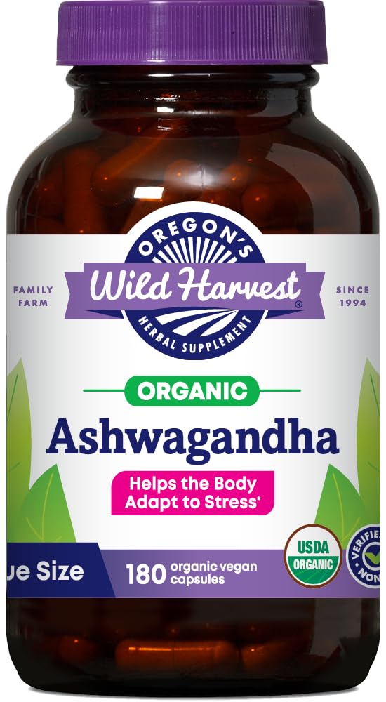 Oregon's Wild Harvest Ashwagandha bottle front showing 180 capsules for daily balance.