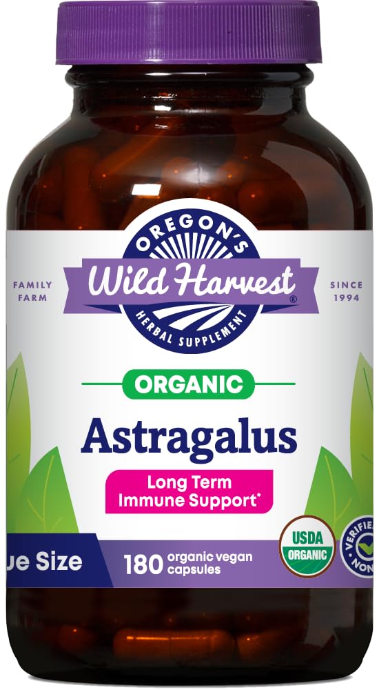 Oregon's Wild Harvest astragalus bottle shows organic labeling for long-term wellness.