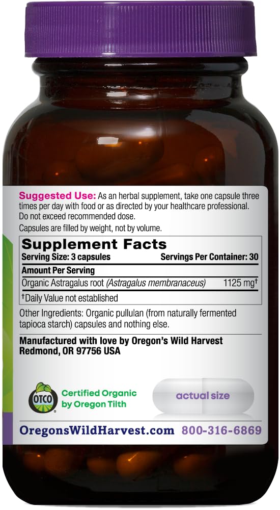 Oregon's Wild Harvest astragalus capsules close-up suitable for daily wellness.