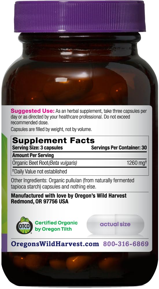 Oregon's Wild Harvest beet root capsules close-up with smooth shells