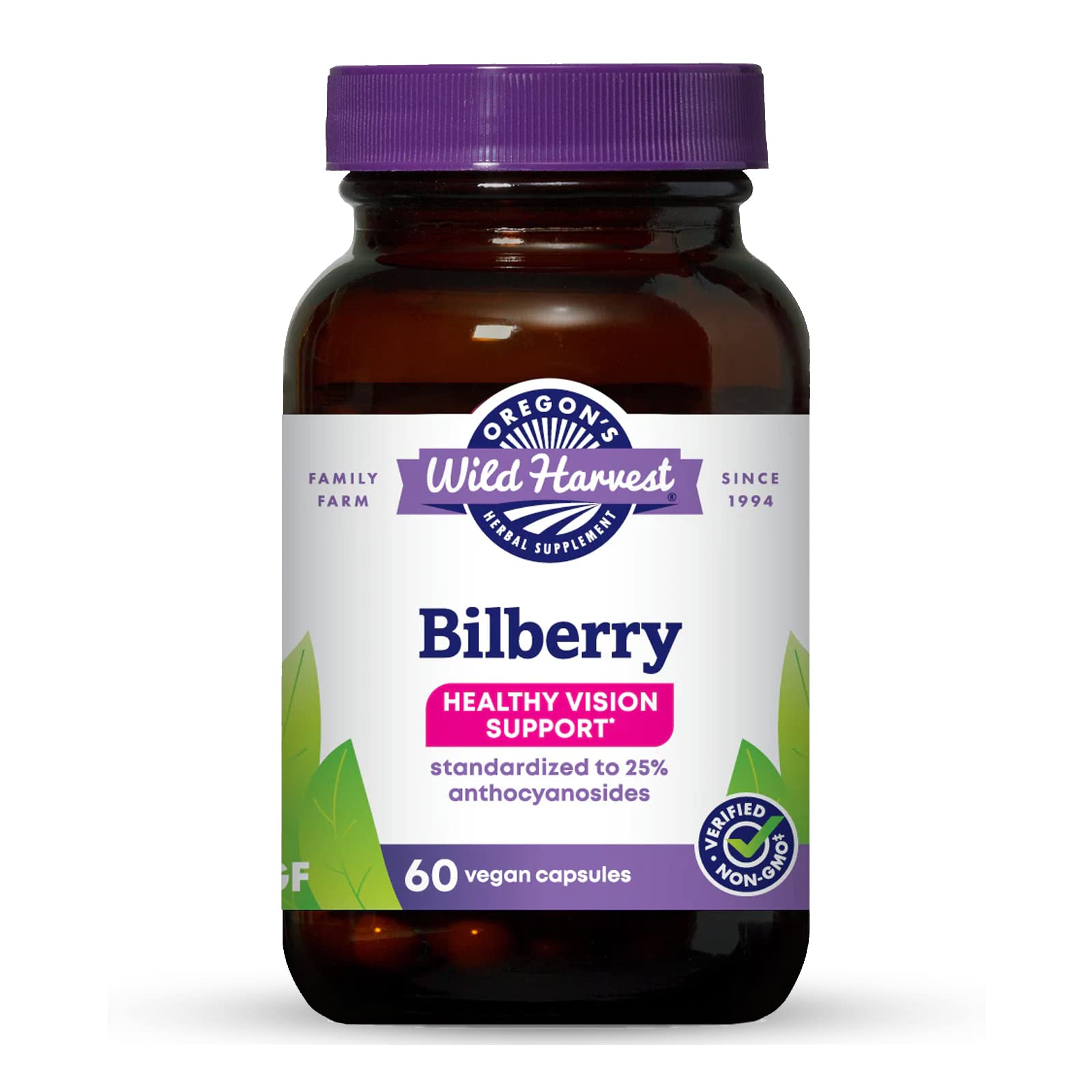 Oregon's Wild Harvest Bilberry capsules bottle front, vegan formulation.