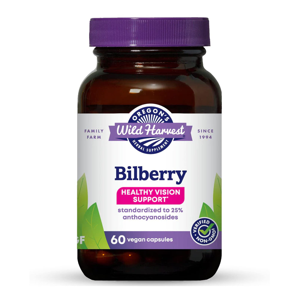 Oregon's Wild Harvest Bilberry capsules bottle front, vegan formulation.