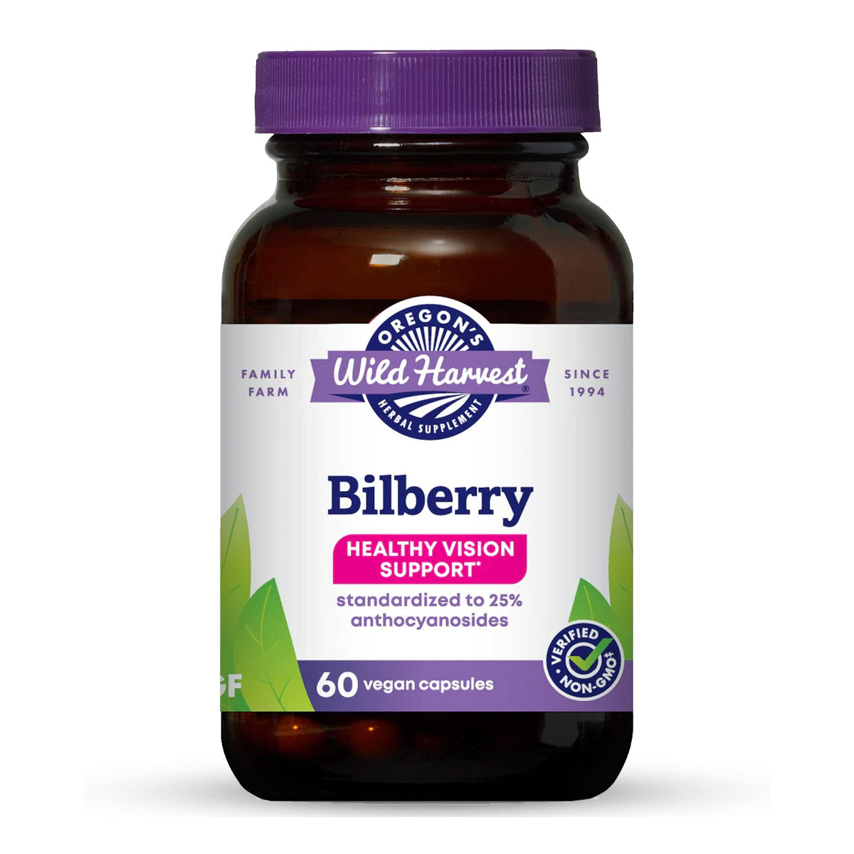 Oregon's Wild Harvest Bilberry capsules bottle front, vegan formulation.