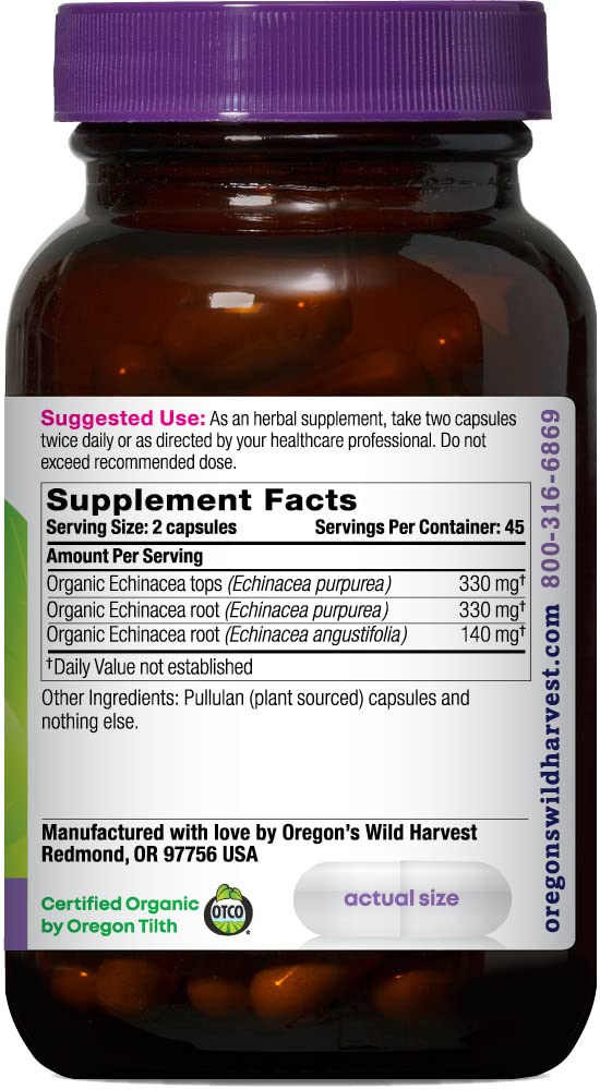 Close-up of Oregon's Wild Harvest Echinacea label showing organic certification.