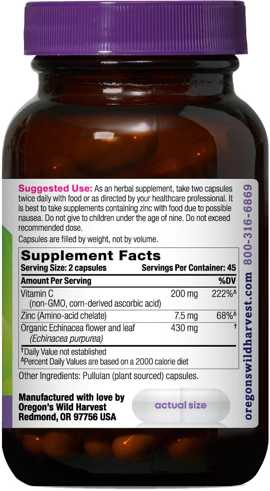 Oregon's Wild Harvest Echinacea capsules label closeup showing organic blend.