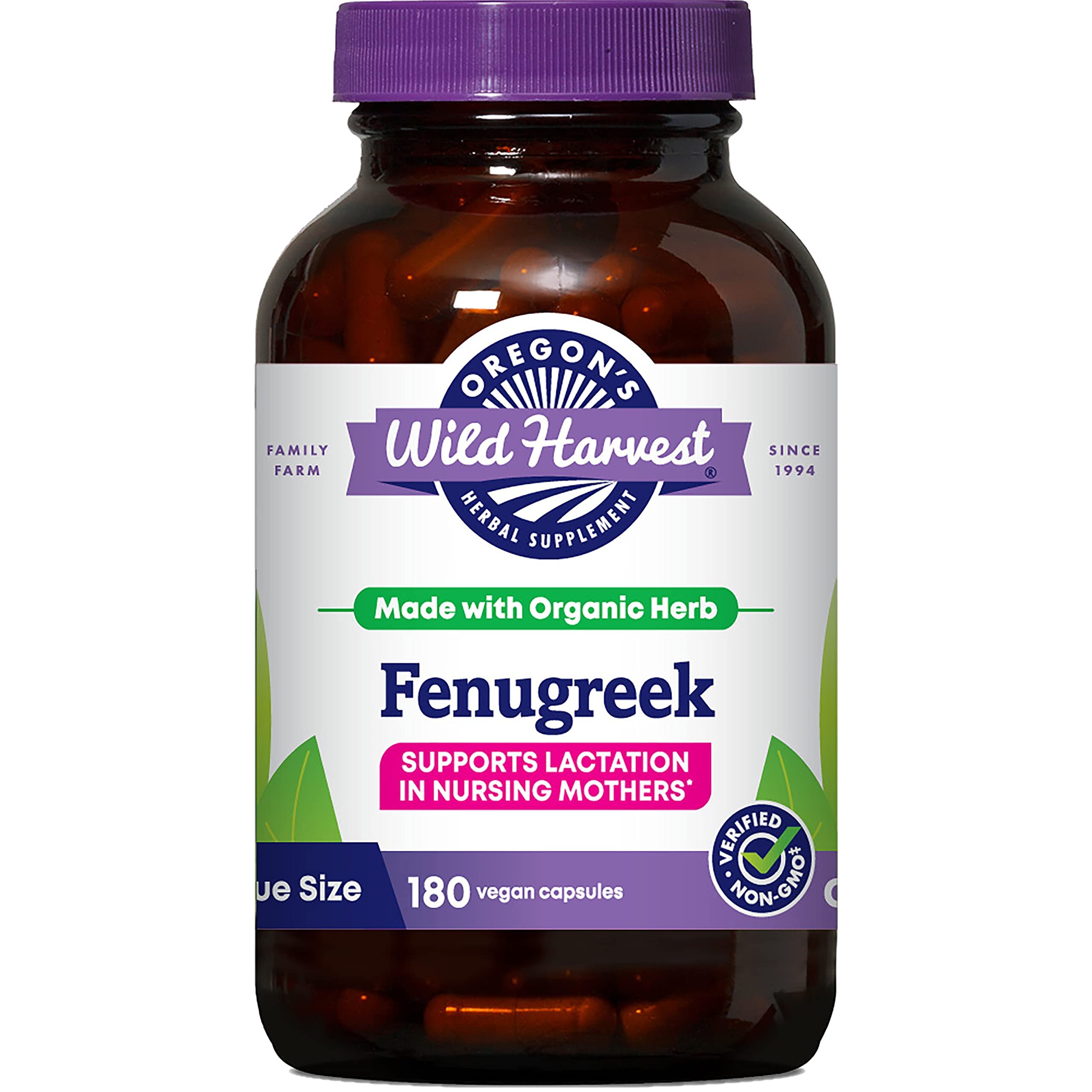 Oregon's Wild Harvest fenugreek capsules bottle front for lactation support.