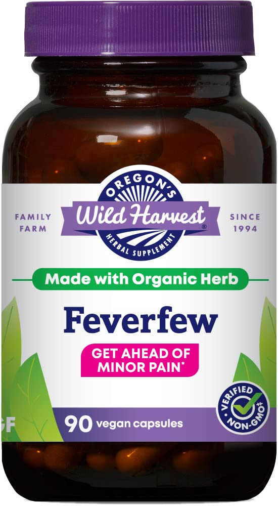 Oregon's Wild Harvest feverfew bottle front, herbal supplement for minor head discomfort.