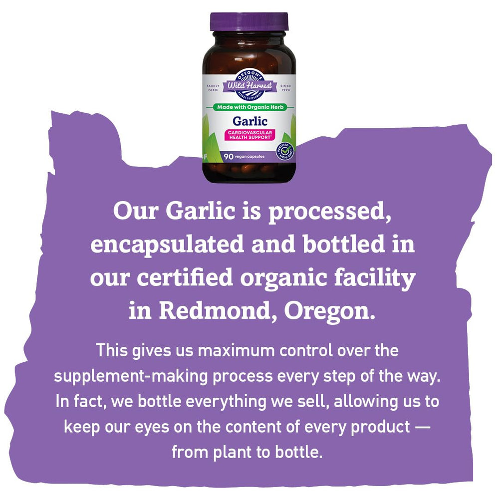 Vegan-friendly mark on Oregon's Wild Harvest garlic capsules packaging