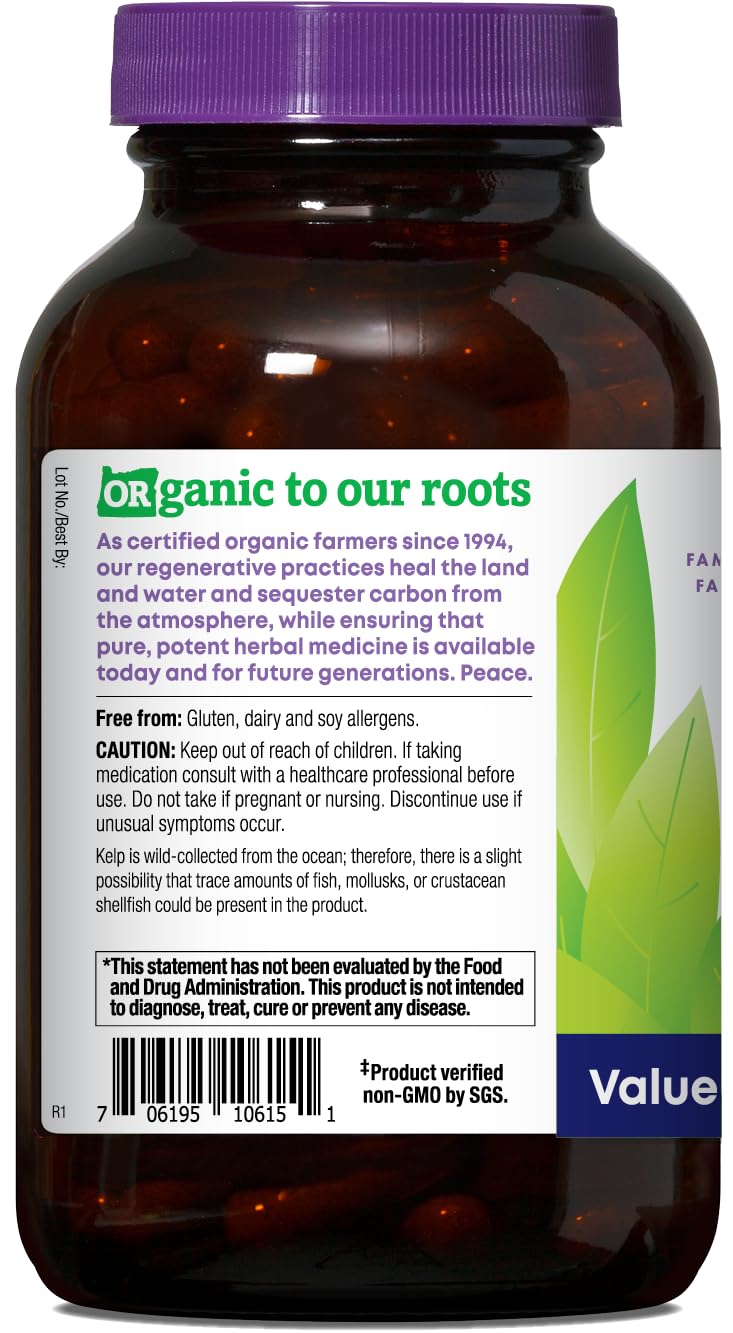 Back label of Oregon's Wild Harvest kelp capsules showing nutrition details for iodine support