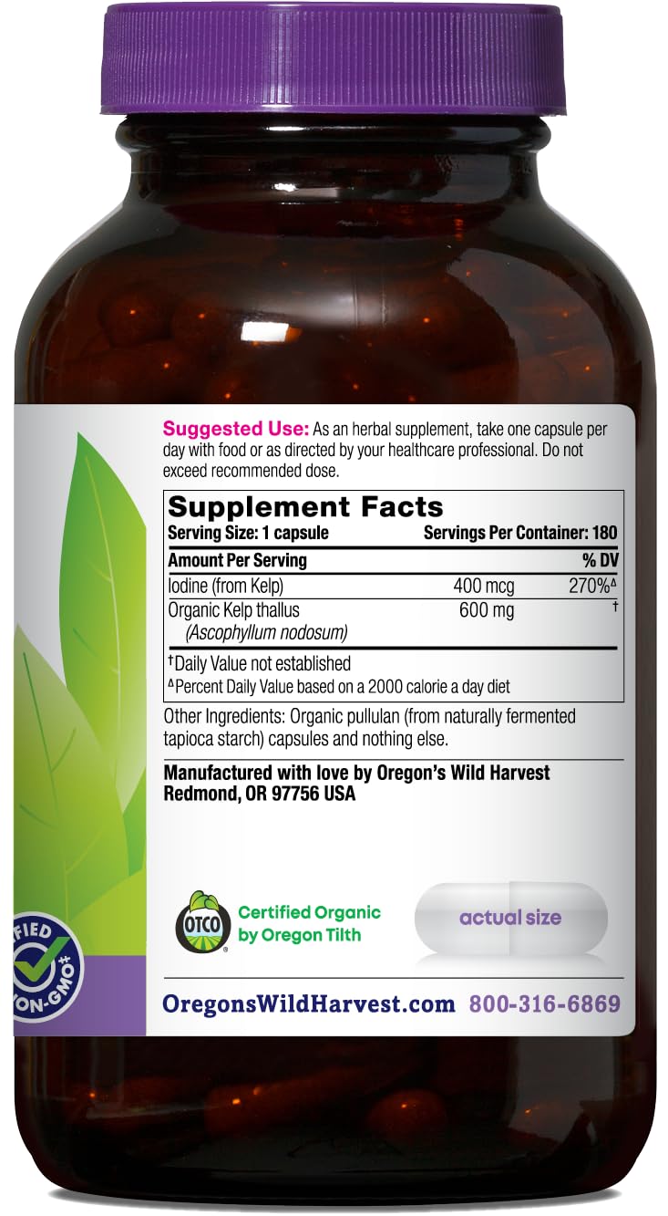 Oregon's Wild Harvest kelp capsules label front with USDA Organic certification visible