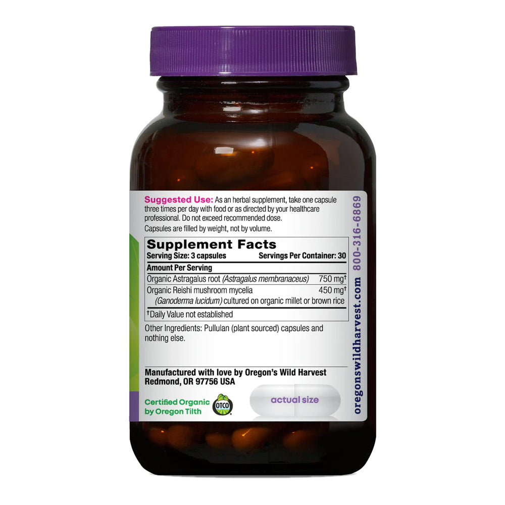 Close-up of Oregon's Wild Harvest Astragalus Reishi label highlighting organic, non-GMO ingredients for daily wellness.