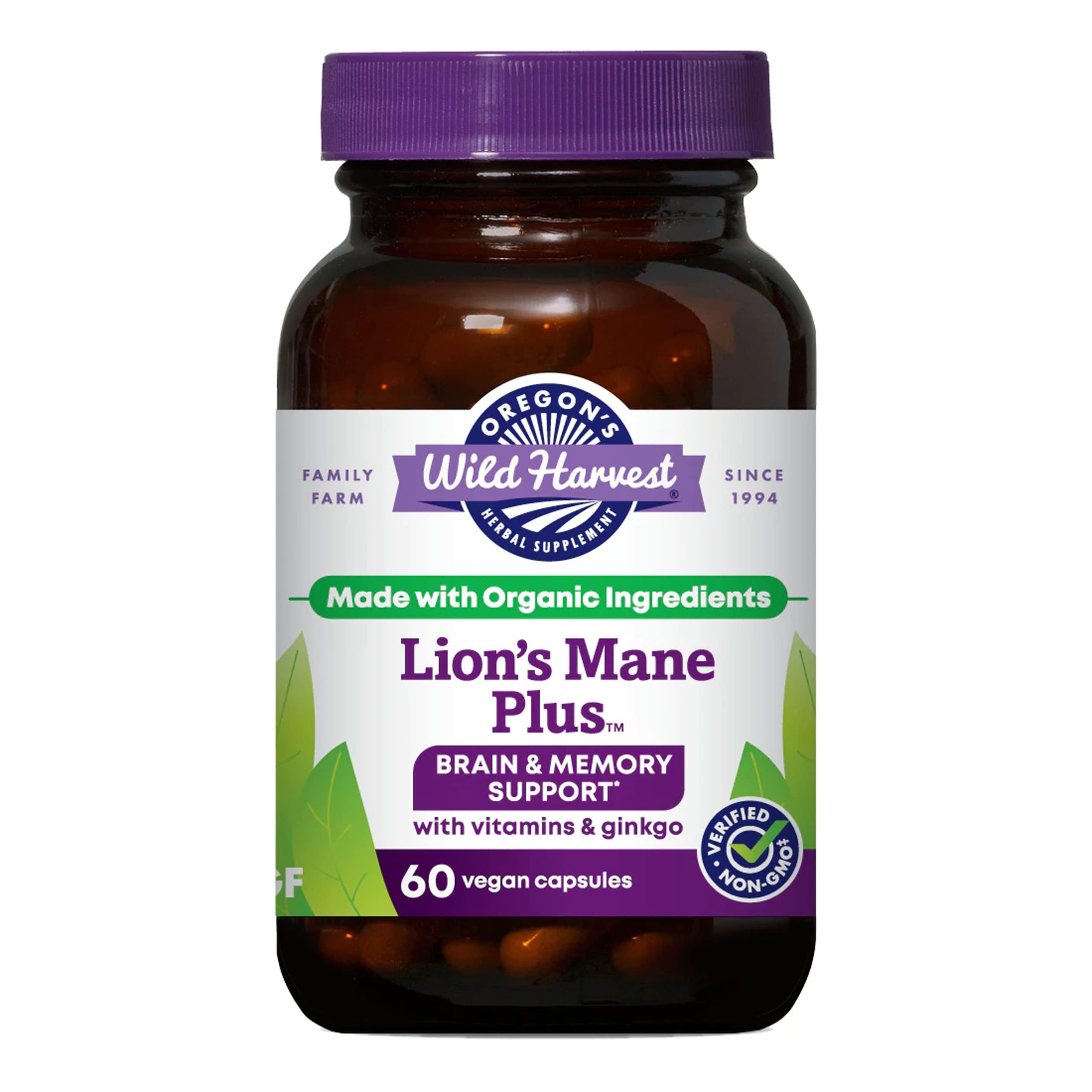 Oregon's Wild Harvest Lion's Mane Plus bottle showing vegan capsules for daily focus.
