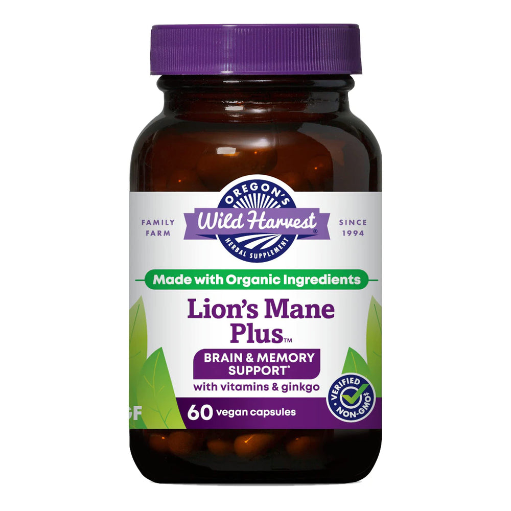 Oregon's Wild Harvest Lion's Mane Plus bottle showing vegan capsules for daily focus.
