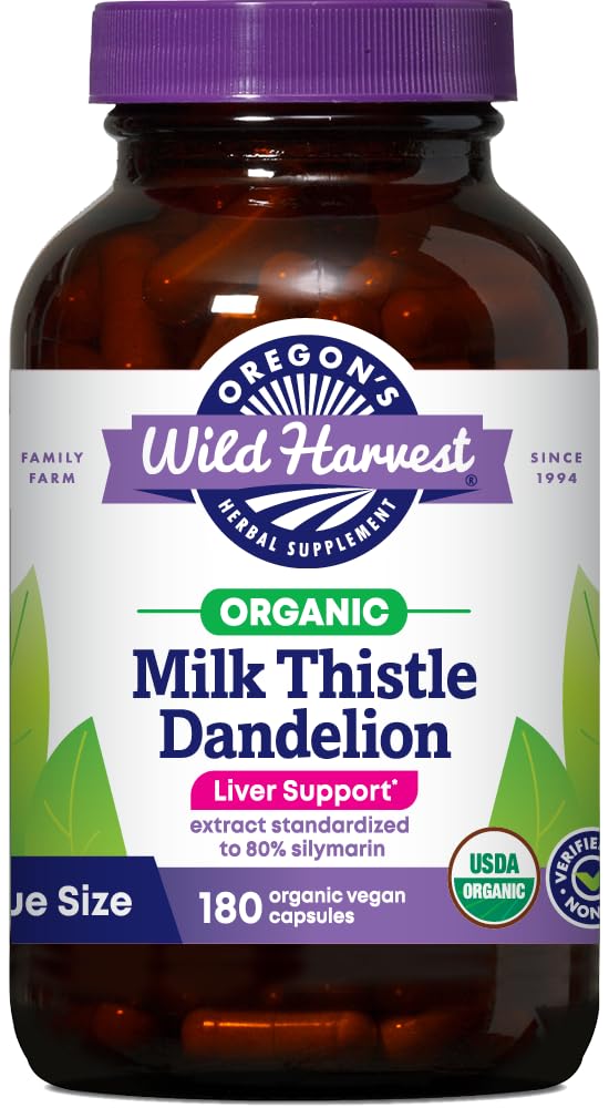 Oregon's Wild Harvest Milk Thistle Dandelion bottle front for daily herbal use.
