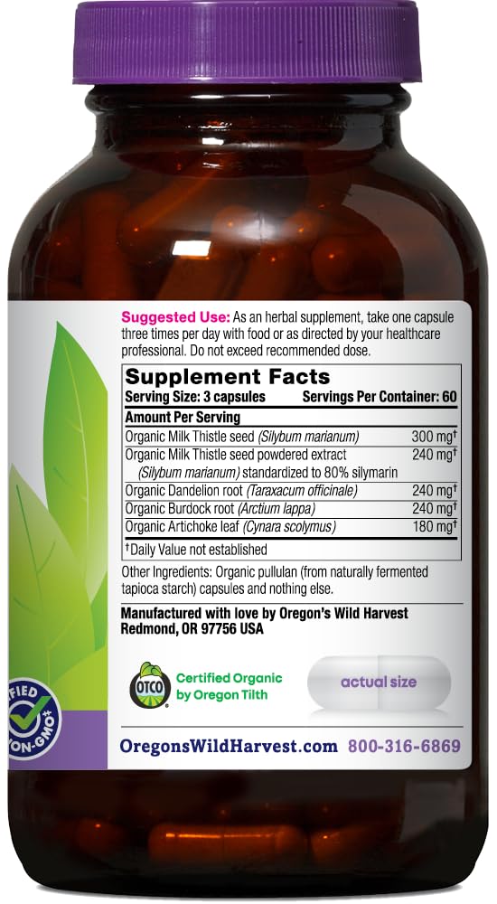 Close-up of Oregon's Wild Harvest Milk Thistle Dandelion capsules for daily use.