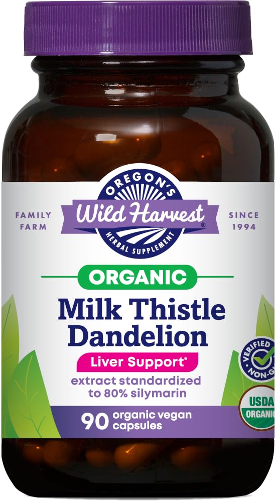Oregon's Wild Harvest packaging showing organic milk thistle and dandelion capsules for daily wellness