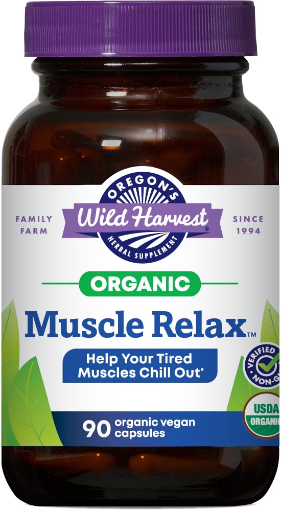 Oregon's Wild Harvest Muscle Relax bottle front showing organic herbal blend for calm moments