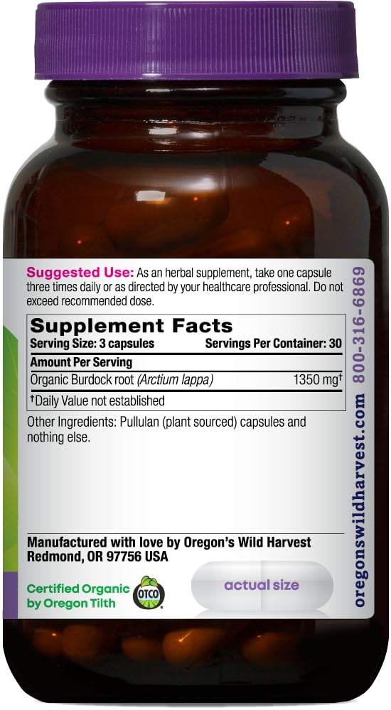 Oregon's Wild Harvest organic burdock root label shows USDA certification and trusted sourcing