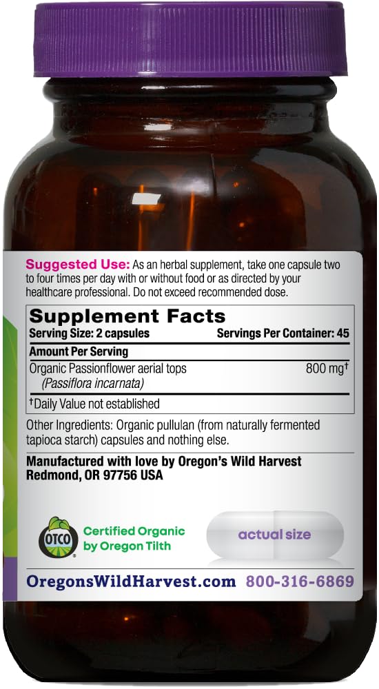 Oregon's Wild Harvest Passionflower capsules bottle back—ingredient info and allergen-free promise.