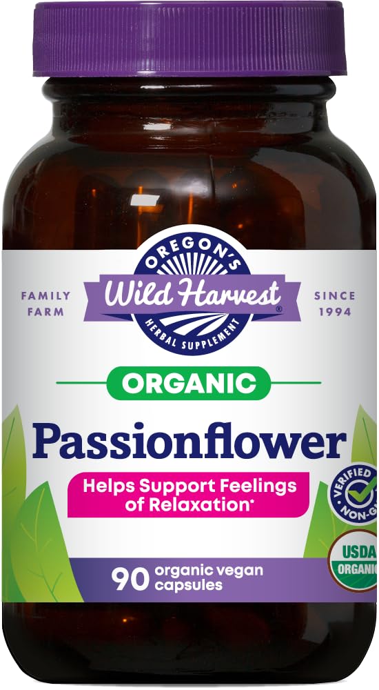 Oregon's Wild Harvest Passionflower capsules bottle front—calm support for restful nights.