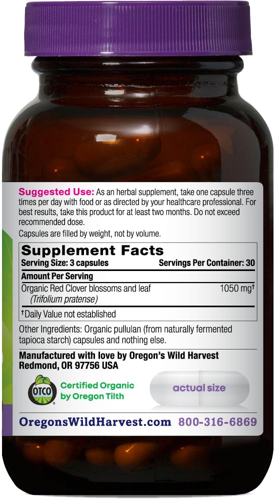 Oregon's Wild Harvest red clover bottle cap close-up, non-GMO and organic ingredients
