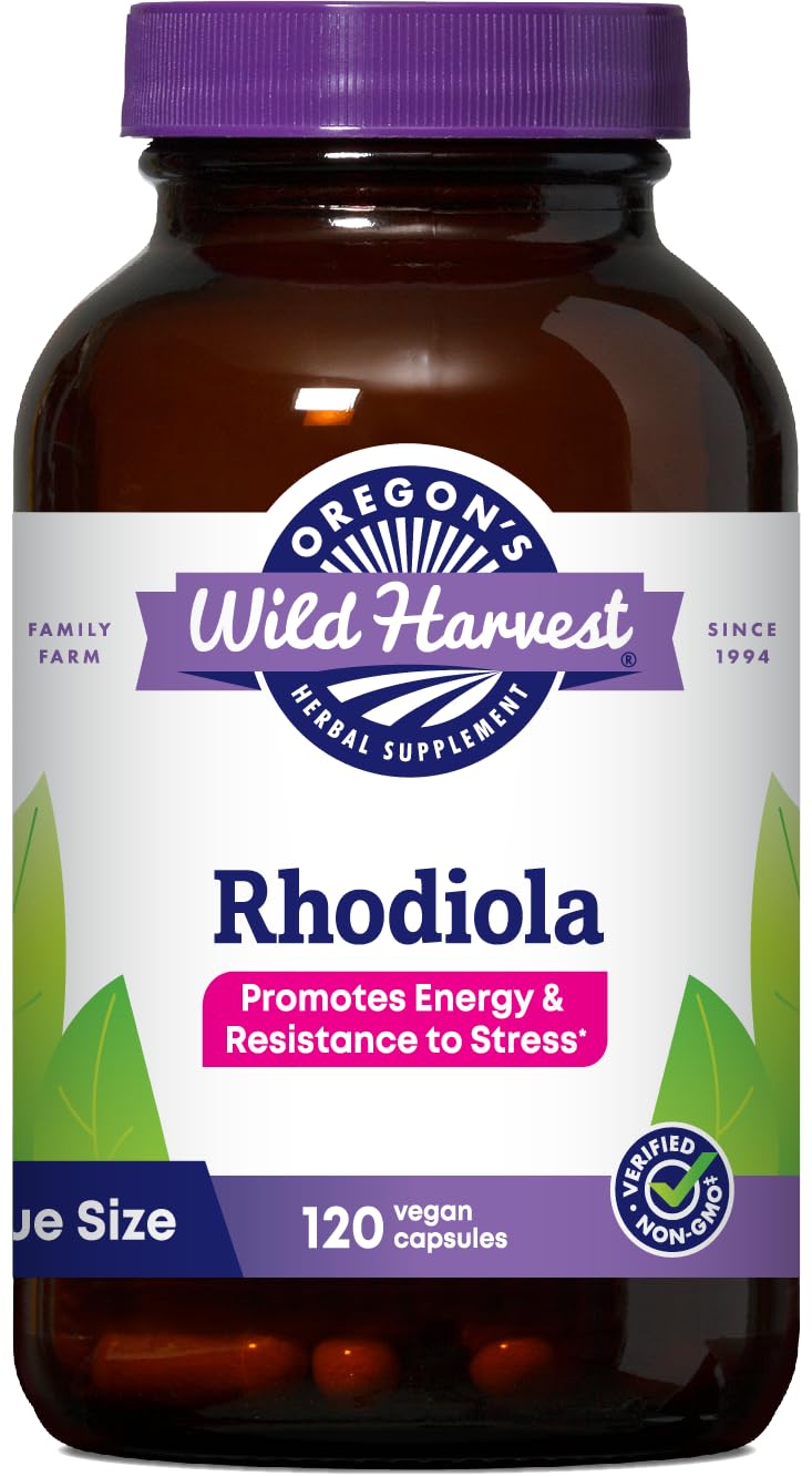 Oregon's Wild Harvest Rhodiola supplement bottle supports energy on busy days.