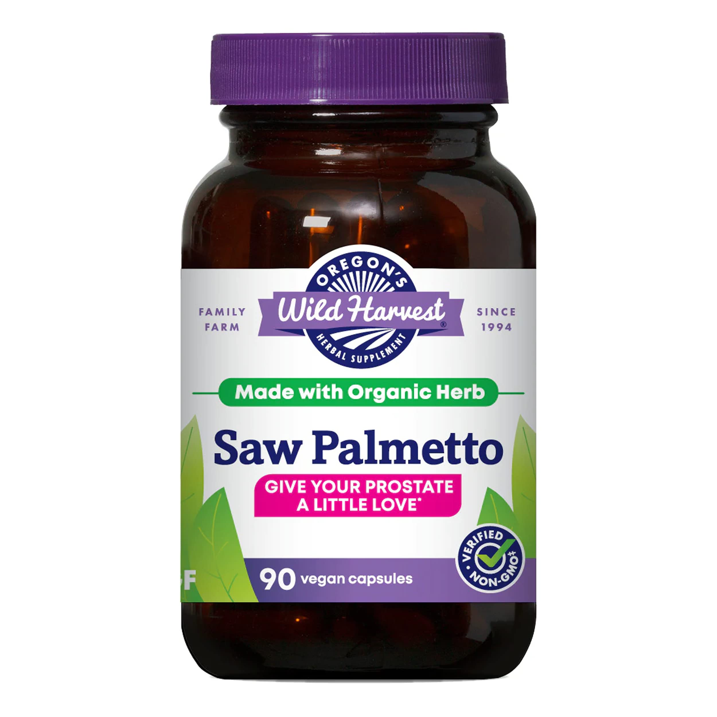 Oregon's Wild Harvest Saw Palmetto bottle with organic vegan capsules for daily wellness.