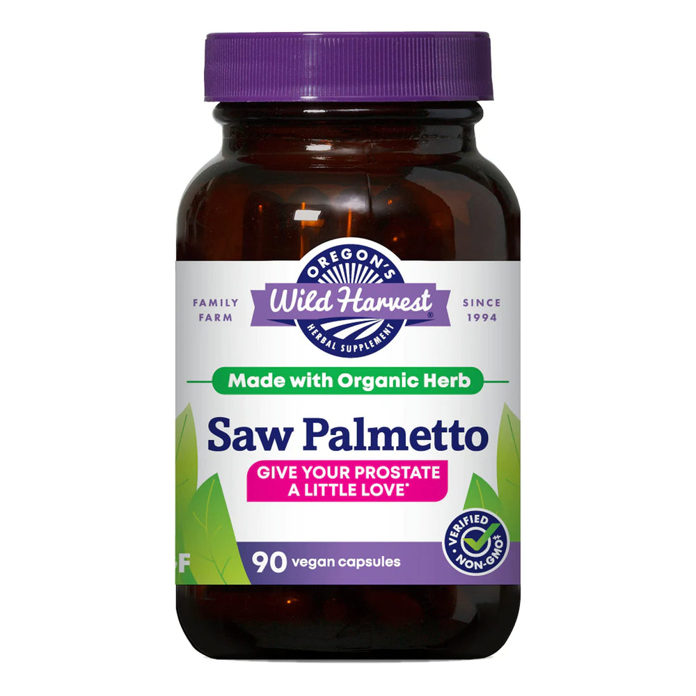 Oregon's Wild Harvest Saw Palmetto bottle with organic vegan capsules for daily wellness.