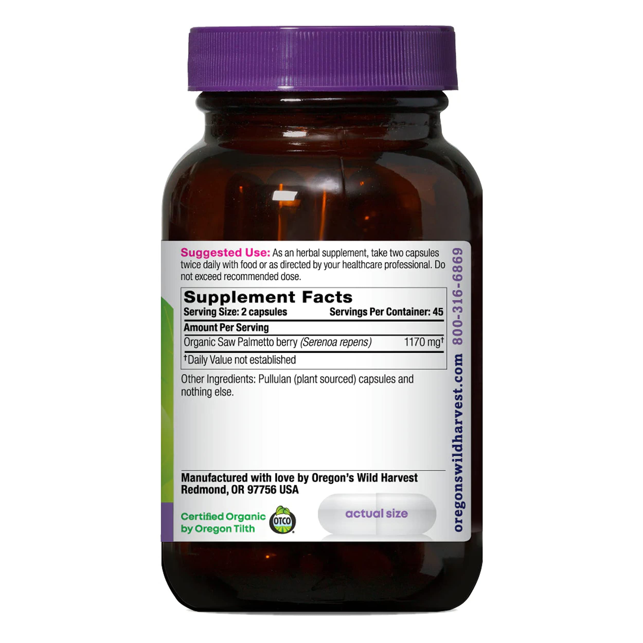 USDA Organic certification label on Oregon's Wild Harvest Saw Palmetto bottle.