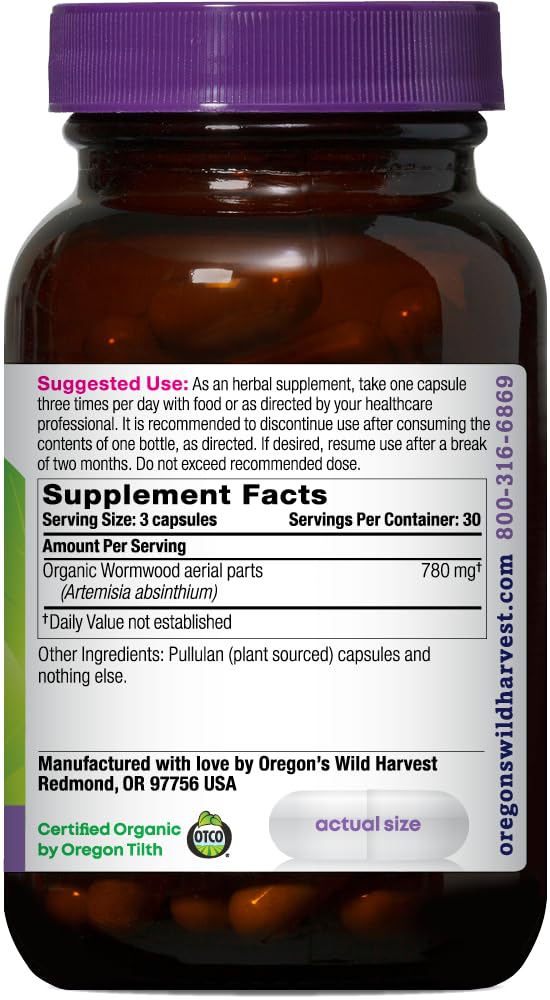 Close-up of Wormwood capsules for digestive support from Oregon's Wild Harvest