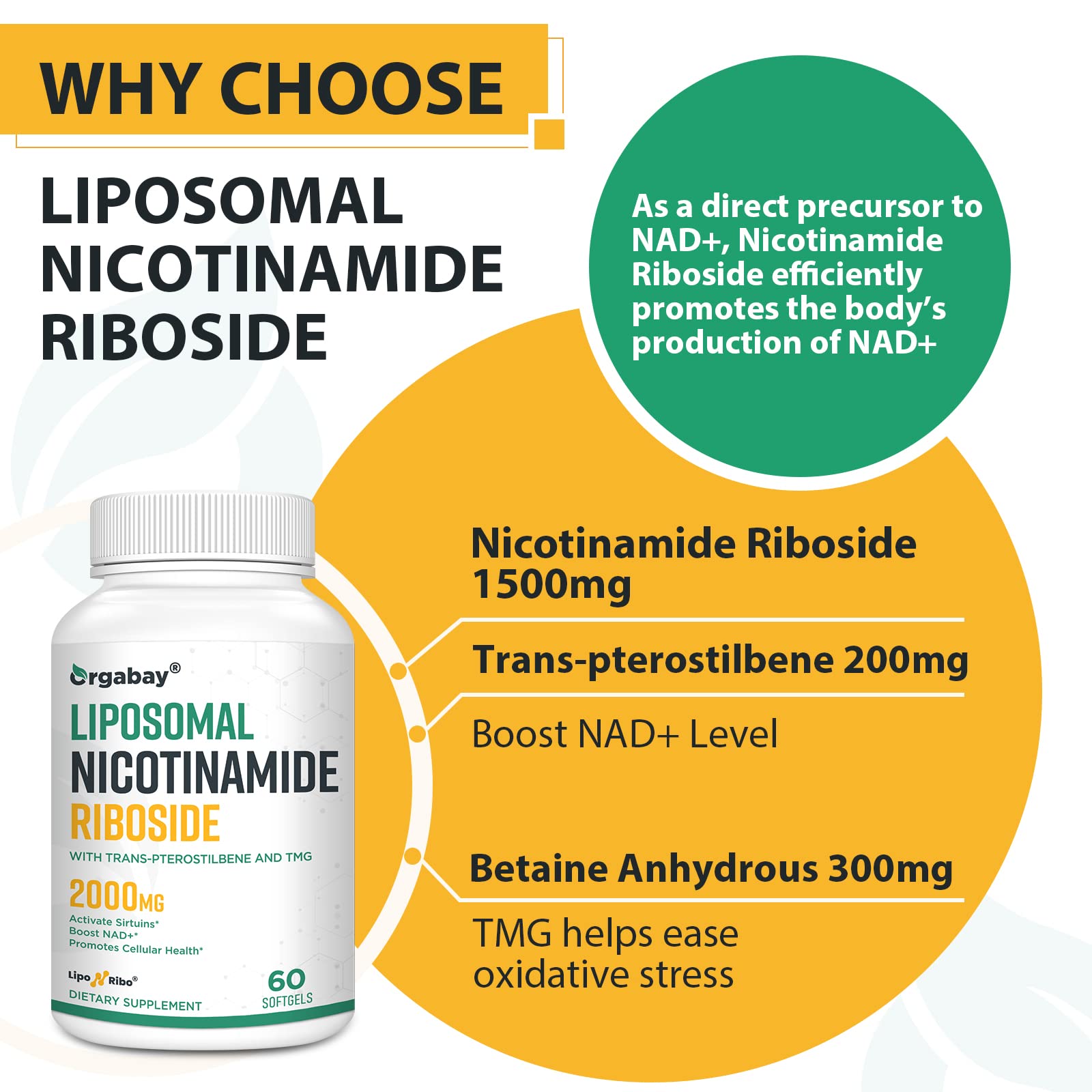 Orgabay ingredient list panel clarifies liposomal delivery and core components.