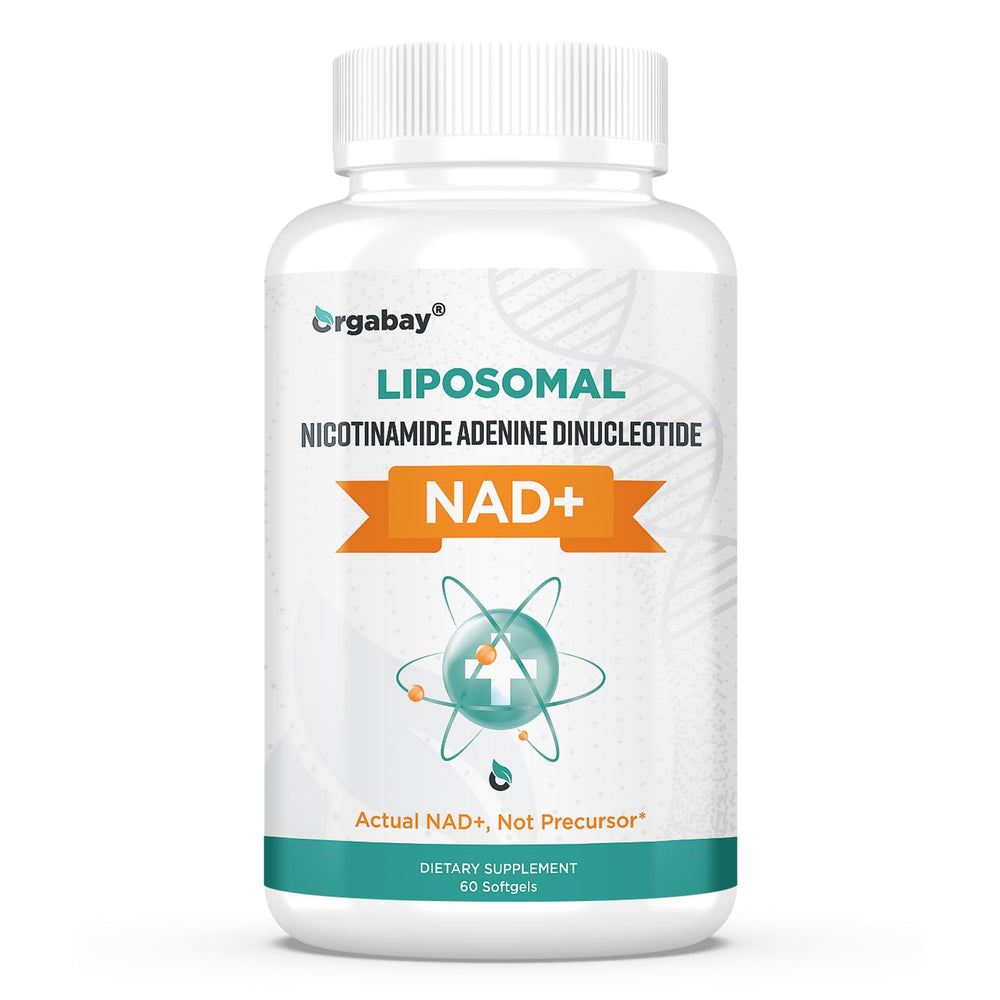 Orgabay Liposomal NAD+ bottle highlights high-absorption formulation for daily energy.