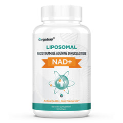 Orgabay Liposomal NAD+ bottle highlights high-absorption formulation for daily energy.