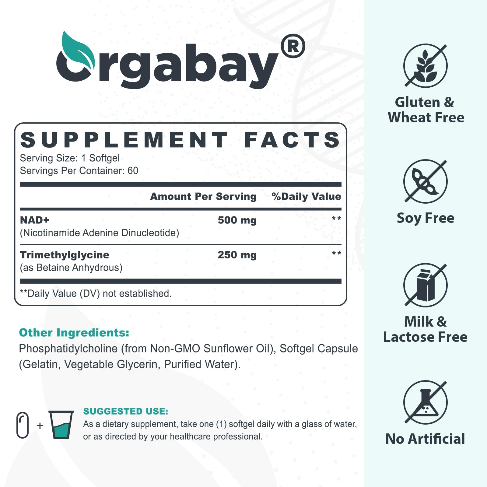 Orgabay liposomal NAD+ softgel pills shown for convenient daily use and energy support.