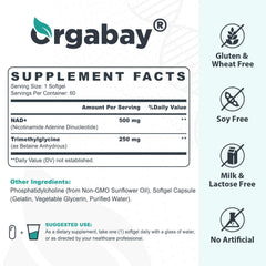 Orgabay liposomal NAD+ softgel pills shown for convenient daily use and energy support.