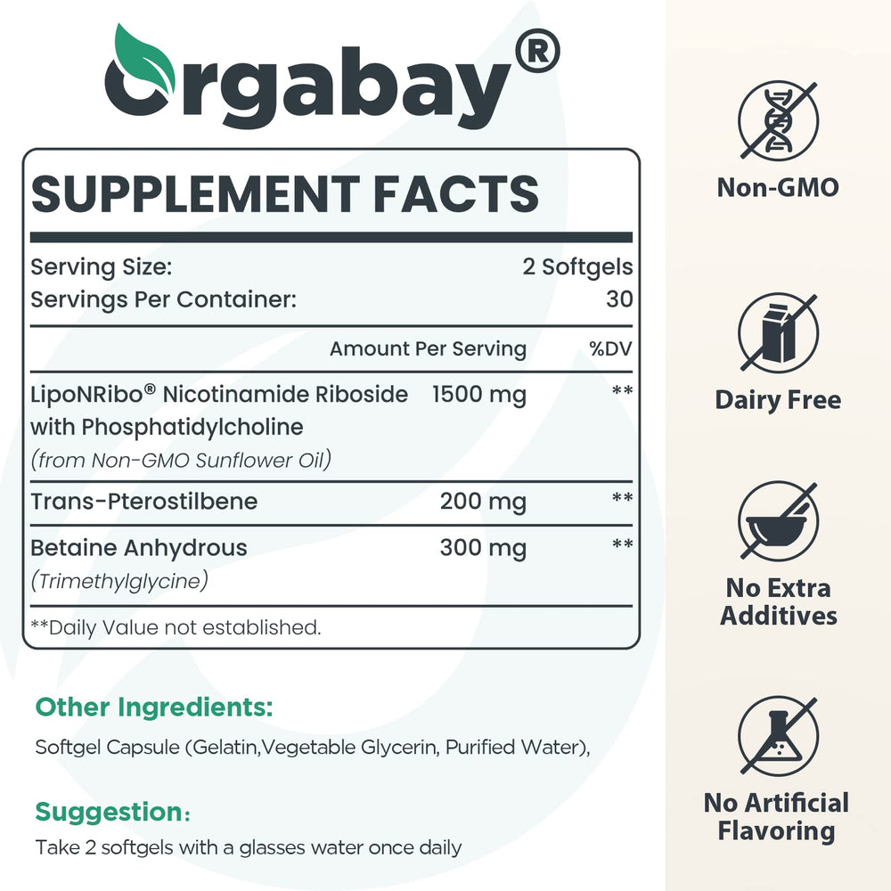 Orgabay liposomal nicotinamide riboside softgels arranged for daily NAD+ precursor support.