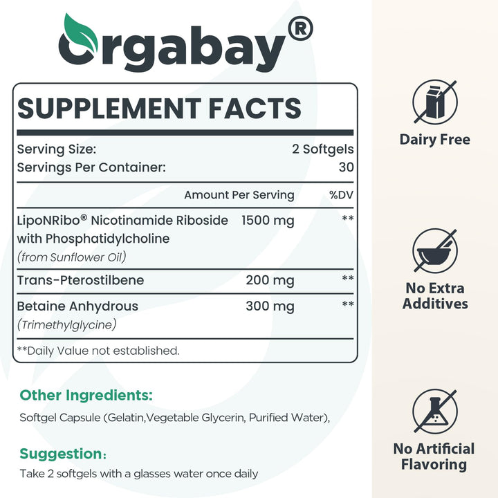 Orgabay NR softgels close-up for convenient daily NAD+ support.