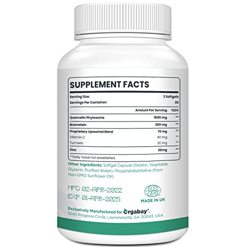 Orgabay quercetin bromelain ingredients label shows synergistic blend for uptake.